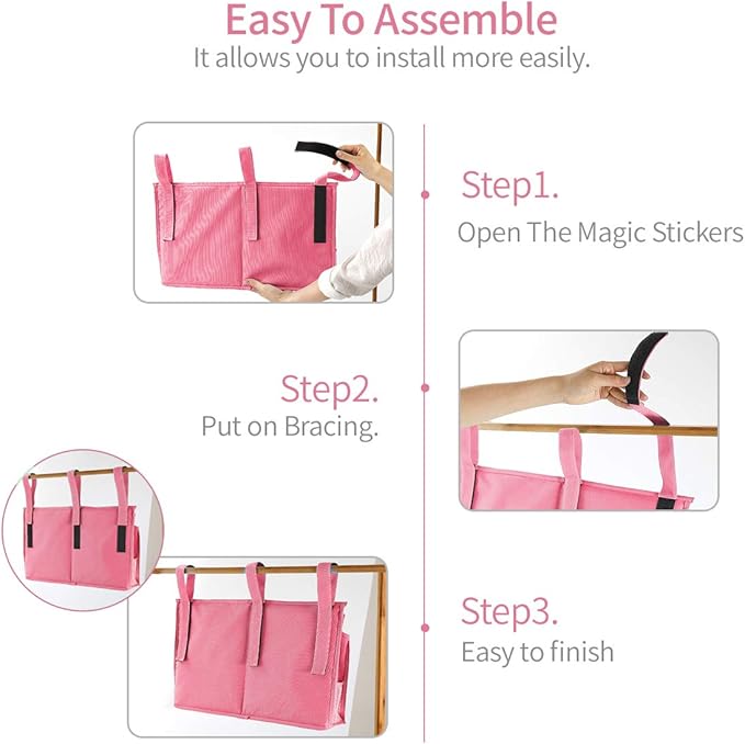 Bseash Bunk Bed Organizer, Bedside Caddy Hanging Bed Organizer Storage Bag 8 Pockets, for College Dorm Rooms Bed, Hospital Bed, Baby Bed Rails, 600D Oxford Cloth (Pink)-NeatNest