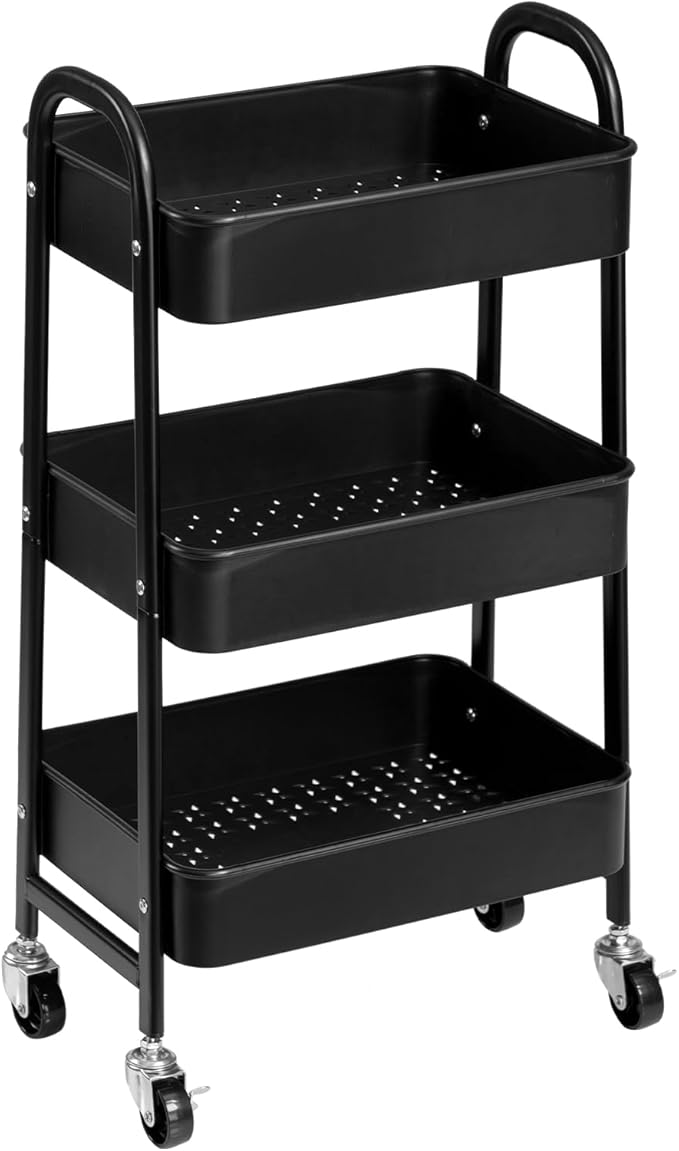 AGTEK 3-Tier Rolling Carts with Wheels, Rolling Utility Cart with Iron Frame for Kitchen, Plastic Shelves, Living Room, Office, Black