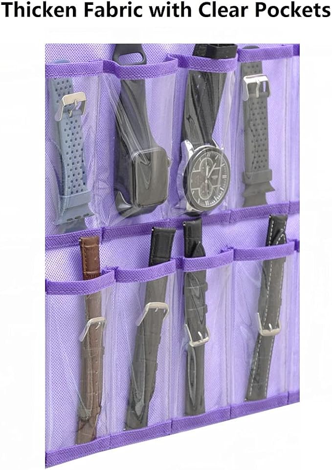 Hanging Watch Band Organizer Watch Bands Straps Accessories Holder Watches Storage Display Case with 28 Clear Pockets (PURPLE)-NeatNest
