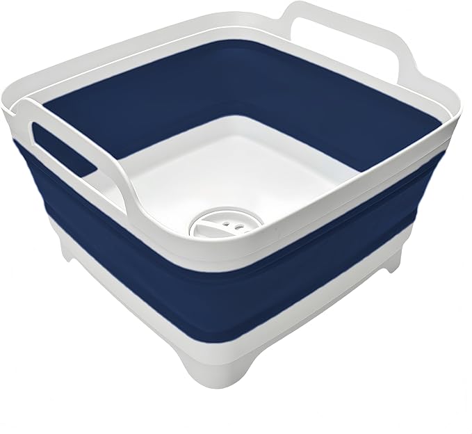 Collapsible Wash Basin 9L, Foldable Dish Tub with Drain Plug, Portable Collapsible Dish Basin, Camping Sink for Washing Dishes, Laundry & Kitchen Use (Navy Blue)-NeatNest