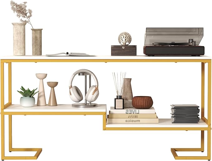 Console Table, 3-Tier Industrial Entryway Table, 53”L Entrance Sofa Table with Shelves, Hallway, Living Room, Foyer, Corridor, Office, White and Gold-NeatNest
