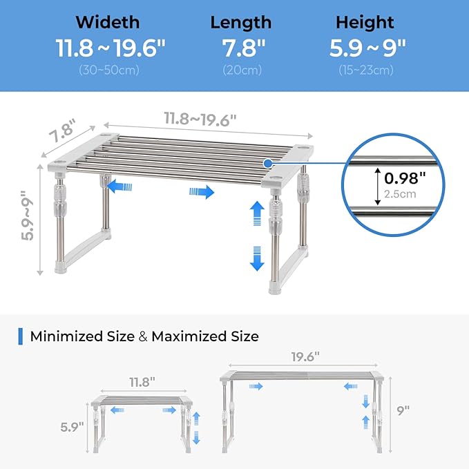 carrotez Expandable Cabinet Organizer, Set of 1 Width & Height-Adjustable Kitchen Cabinet Organizer Shelf, Stackable Kitchen Counter Shelf, 11.8~19.6 x 7.8 x 5.9~9" White-NeatNest