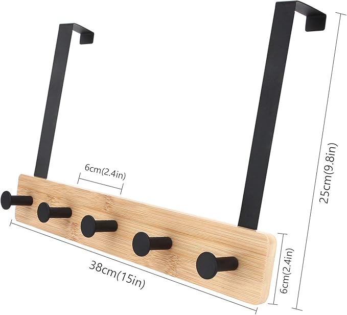 Badiano Over The Door Hook Hanger, Bamboo Coat Rack with 5 Metal Hooks, Wood Clothes Organizer for Coat, Towels, Bags, Robes (Black)
