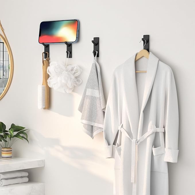 Black 6 Pack Aluminum Coat Hooks, Heavy Duty Self Adhesive Hooks for Hanging, 13LB Capacity, Bathroom Towel Shower Kitchen Door Hooks, 6 Pack-NeatNest