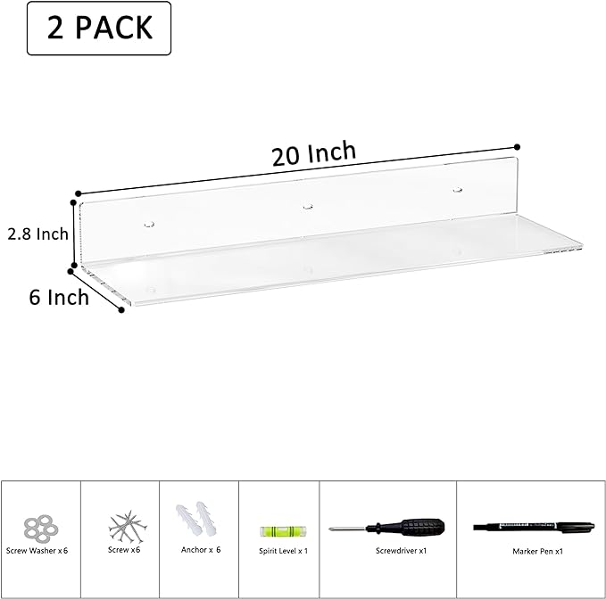 20 Inch Clear Wall Shelves for Wall, Wall Mounted Acrylic Floating Shelf for Plants, Speaker, Radio, Funko Pop, Stuffed Animal, Books, Cosmetics, Toiletries, 2 Pack (20 Inch)-NeatNest