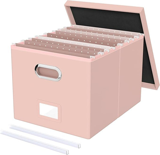 Oterri File Organizer Box,Filing Box with Lid,File Box for Letter/Legal File Folder Storage, Portable Hanging File Box for Office/Decor/Home,1 Pack, Cream-pink(Leather),Box only