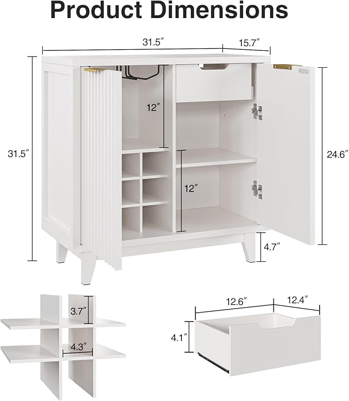 Fluted Coffee Bar Cabinet with Storage, Modern Sideboard Buffet Cabinet with Removable Wine Rack, Drawer, Adjustable Shelf, White Liquor Cabinets for Living Room, Dining Room, Kitchen, Entryway