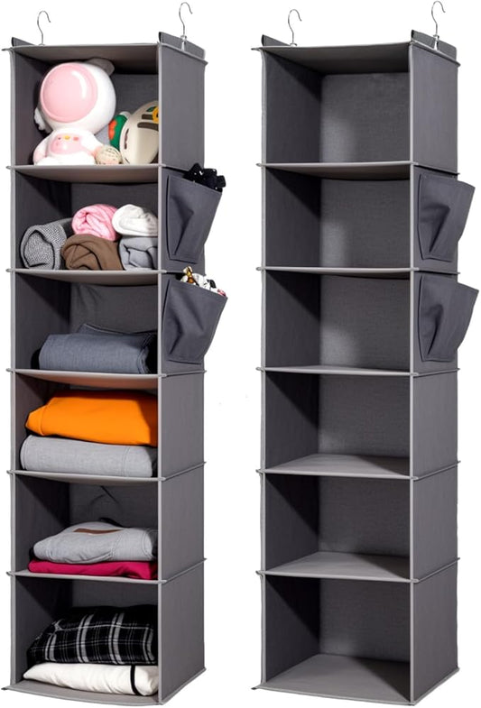2 Packs Hanging Closet Organizer, 6-Shelf Closet Organizers and Storage with Side Pockets, Collapsible Hanging Shelves for Closet & RV & College Dorm,Grey-NeatNest