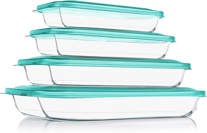 8 Pieces Glass Baking Dish with Lids Rectangular Glass Baking Pan Bakeware Set with BPA Free Lids, Baking Pans for Lasagna, Leftovers, Cooking, Kitchen, Fridge-to-Oven, Green