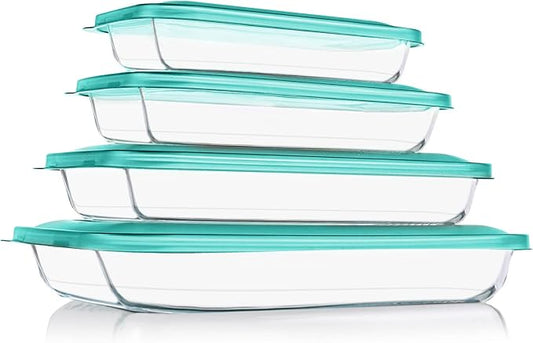 8 Pieces Glass Baking Dish with Lids Rectangular Glass Baking Pan Bakeware Set with BPA Free Lids, Baking Pans for Lasagna, Leftovers, Cooking, Kitchen, Fridge-to-Oven, Green