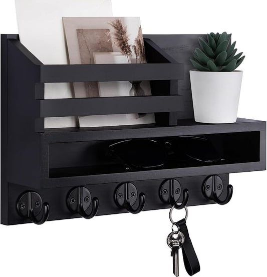 Key and Mail Holder Wall Mount, Key Hanger with Long Storage Box and 5 Hooks for Coat, Dog Leash, Home Decor Rack, House Accessories, Entry Way Organizer 11.8”W x 7.8”H x 3.2”D