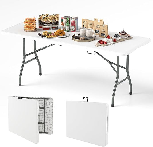 Goplus 6ft Plastic Folding Table, 350 LBS Outdoor Heavy Duty Folding Tables with HDPE Tabletop, Handle, Lock, Foldable Rectangle Portable Utility Card Table for Picnic, Party, Camping, Dining-NeatNest