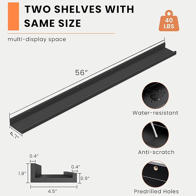 Heimlove Picture Ledge Shelf, Floating Shelves Set of 2, 56 Inches Picture Shelf for Wall with Ledge, Kids Bookshelf Wall Mounted for Living Room Bedroom Decor Books Photo Frames, Black-NeatNest