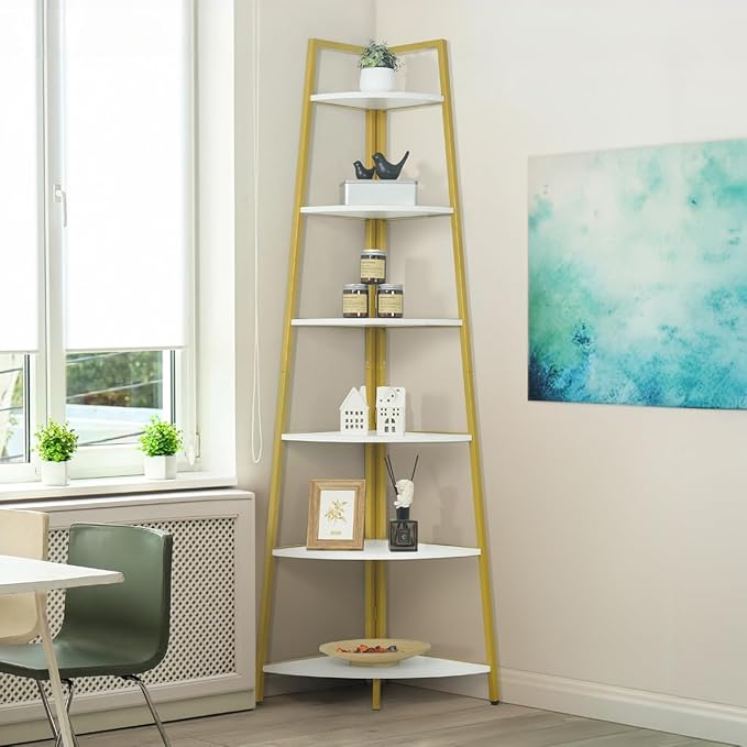 CAPHAUS Tall Corner Shelf Stand, 6-Tier Display Shelves, Ladder Corner Wood Storage Plant Bookshelf with Metal Frame, Versatile Shelving Unit Bookcase for Home Office Space, Gold-NeatNest