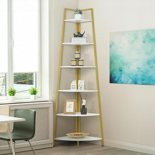 CAPHAUS Tall Corner Shelf Stand, 6-Tier Display Shelves, Ladder Corner Wood Storage Plant Bookshelf with Metal Frame, Versatile Shelving Unit Bookcase for Home Office Space, Gold-NeatNest
