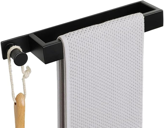 Sayayo Self Adhesive Towel Bar with Hook, 12 Inch Matte Black Towel Rack for Bathroom, Stick on Towel Holder Hand Towel Ring SUS304 Stainless Steel, 2.4 Inch Wide