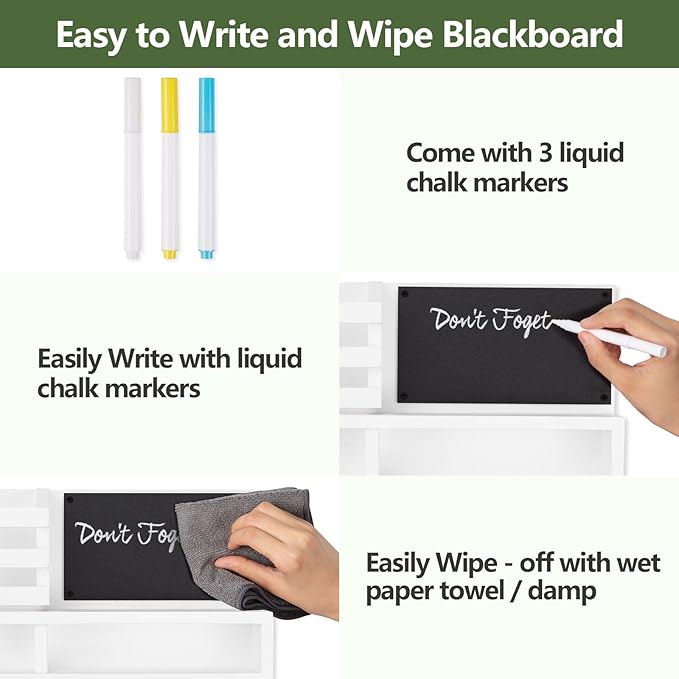 Key Holder for Wall, Wall Mounted Mail Holder Wooden with Shelf & 3 Liquid Chalks & Chalkboard, Mail Sorter Organizer, Rustic Home Decor - Entryway Living Room (15.98”W x 9.1”H x 3.3”D), White