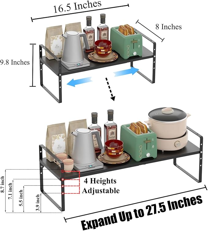 Expandable Kitchen Cabinet Shelf Organizers, Stackable Metal Pantry Storage Shelves Rack, Adjustable Counter Spice Shelf for Cabinets, Countertop, Cupboard Organizers and Storage, Black-NeatNest