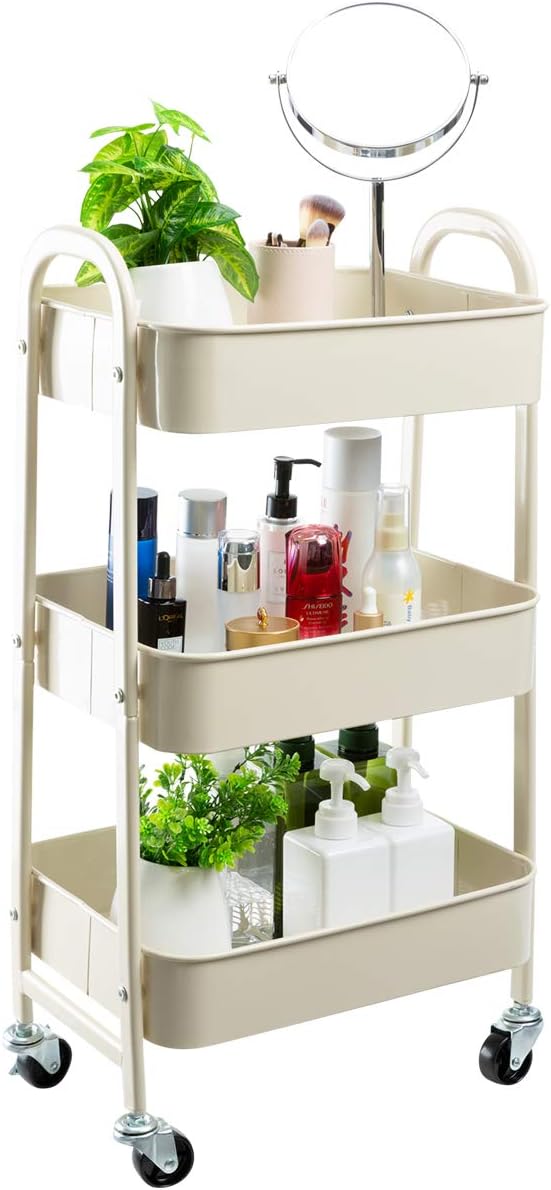 AGTEK Makeup Cart, Movable Rolling Organizer Cart,3 Tier Metal Utility Cart, Beige-NeatNest