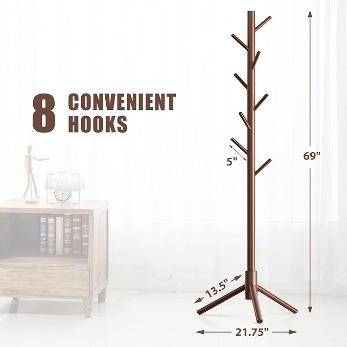 Haddockway Wooden Coat Rack Stand with 8 Hooks New Zealand Pine 3 Adjustable Coat Standing Tree Easy Assembly for Coats, Hats, Scarves and Handbags for Entryway, Hallway, Bedroom, Office-NeatNest