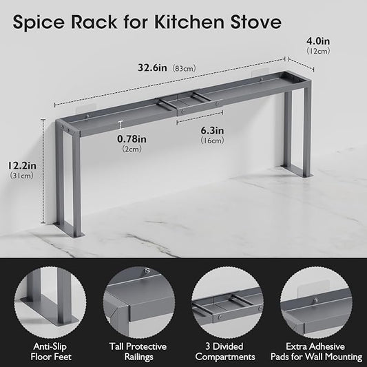 Bumusty Spice Rack Shelf for Kitchen Stove, 32" Stove Top Shelf, Adjustable Oven Spice Rack, Seasoning Organizer Kitchen Shelves, Grey-NeatNest