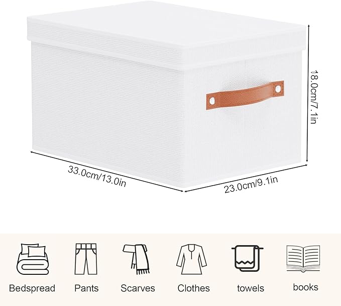 Fabric Storage Bins, 7.1 x 9.1 x 13 Inch Clothes Boxes for Shelves with Lids, Baskets for Organizing with Handles, Decorative Linen Closet Organizers, White, 1 Pack-NeatNest