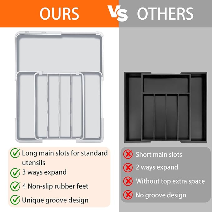 Expandable Silverware Drawer Organizer BPA Free Cutlery Organizer Small Utensil Organizer for Kitchen Drawers Adjustable Spoons Forks Knives Storage Divider, Gray-NeatNest