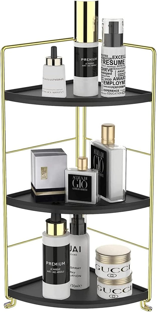3-Tier Bathroom Countertop Organizer, Vanity Tray Cosmetic & Makeup Storage, Kitchen Spice Rack Standing Shelf, Corner Storage Shelf, Black & Golden-NeatNest