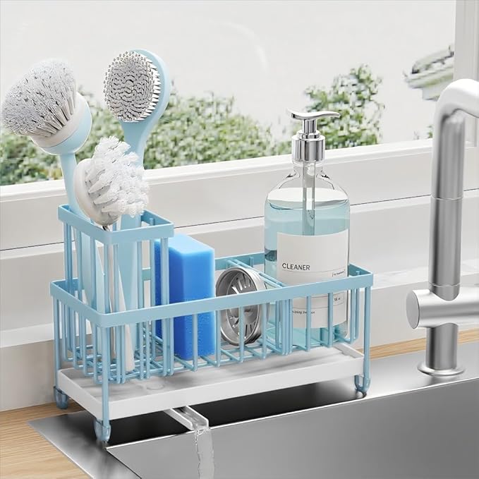 Cisily Blue Sponge Holder for Kitchen Sink, Sink Caddy Organizer with High Brush Holder, Kitchen Countertop Organizers and Storage Essentials, Rustproof 304 Stainless Steel, Soap Dispenser Organize-NeatNest