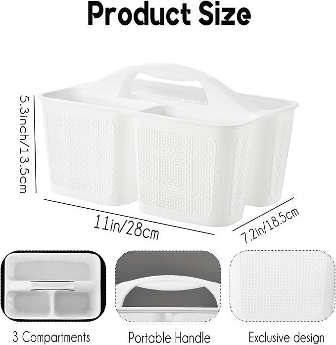 Plastic White Shower Caddy Basket, Divided Cleaning Portable Shower Basket with Handle Compartments Storage Organizer for Bathroom, College, Kitchen, Dorm Room Essentials