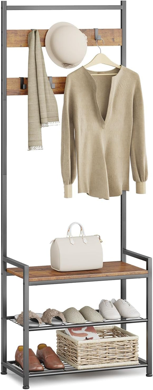 Coat Rack Hall Tree with Shoe Storage, Entryway Hall Tree Storage Bench, Wood Look Accent Furniture with Metal Frame, 3-in-1 Design, Rustic Brown-NeatNest