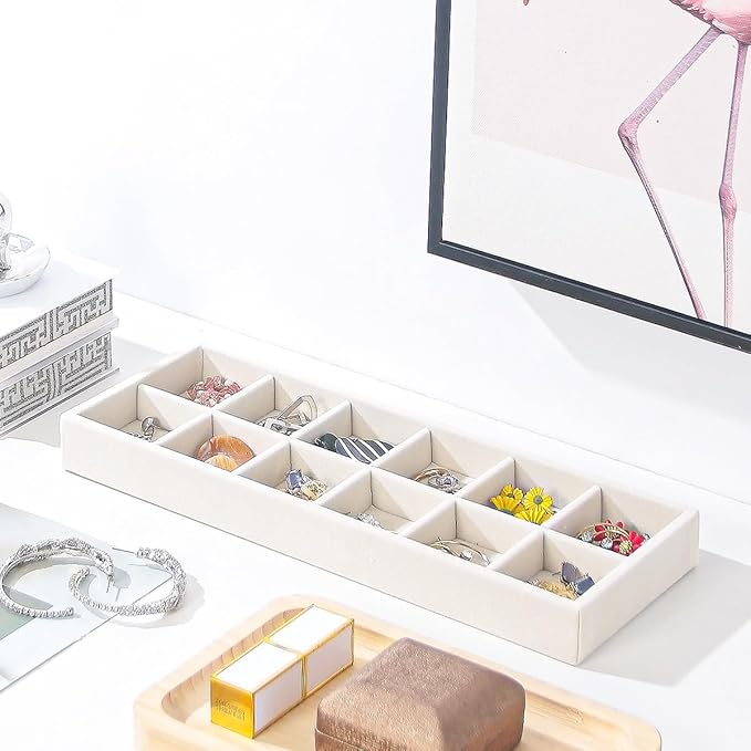 2Pcs Desk Drawer Storage Tray, Nightstand Organizer Tray, Necklace Bracelet Ring Earring Jewelry Display Tray, Grid Table Organizer Holder Tray for Sunglass, Phone, Watch, Perfume (12 grid)/Beige-NeatNest