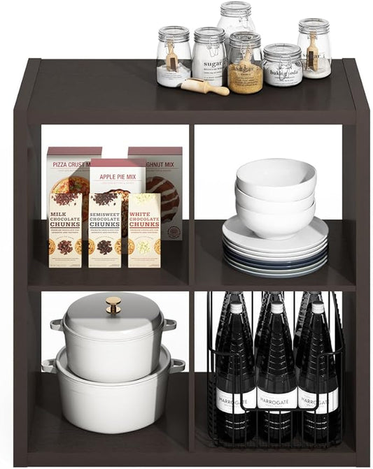 Furinno Hermite 4-Cube Open Shelves Kitchen Storage, Kitchen Island, Bakers Rack, Buffet Sideboard, Black Dark Oak-NeatNest
