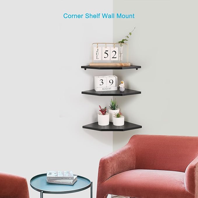 Corner Wall Shelves, Wood Corner Floating Shelves with Cable Raceway, Wall Mount Storage Display for TV Accessories, Monitor, Speaker, Cable Box, Game Console (Black, Diamond- 12 Inch)-NeatNest