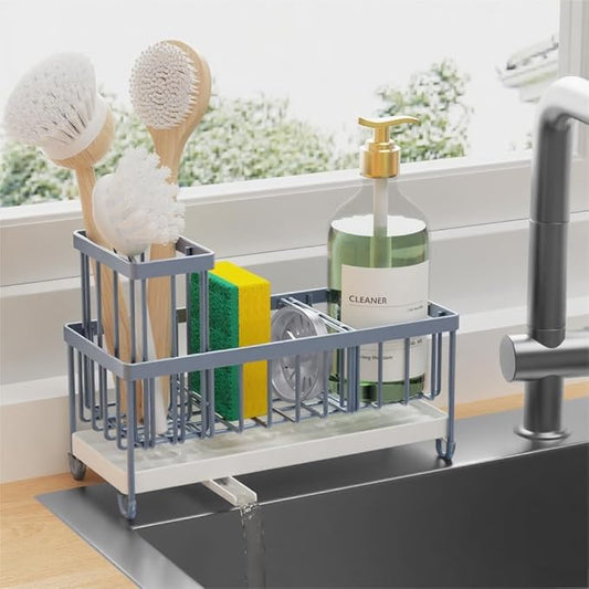 Cisily Blue Gray Sponge Holder for Kitchen Sink, Sink Caddy Organizer with High Brush Holder, Kitchen Countertop Organizers and Storage Essentials, Rustproof 304 Stainless Steel, Soap Dispenser-NeatNest