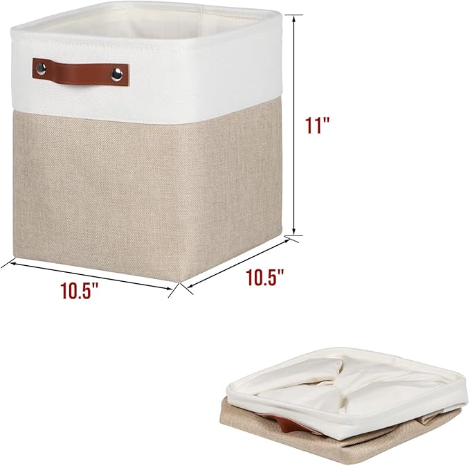 Univivi 4 PC Foldable Storage Baskets,10.5 inch Fabric Storage Bins for Shelf with Hard Bottom,Storage Baskets with PU Handles Cube Storage Bins for Closet Organizing (Khaki)-NeatNest