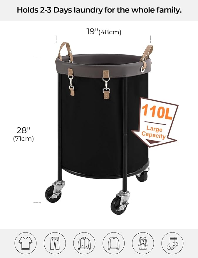 StorageWorks 110L Rolling Laundry Basket, Clothes Hamper with Wheels, Round Clothing Cart with Steel Frame and Removable Bag, 4 Casters and 2 Brakes, Black, 1-Pack