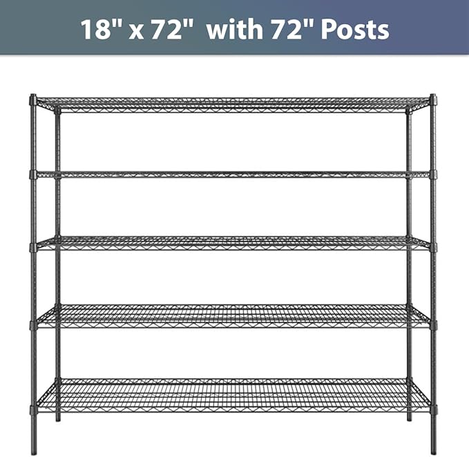 18" x 72" NSF Black Epoxy 5-Shelf Kit with 72" Posts, Commercial Storage Rack Unit, Heavy Duty Storage Shelving, Wire Shelving Kit, Adjustable Rack Strong Steel, Multipurpose Wire Shelf