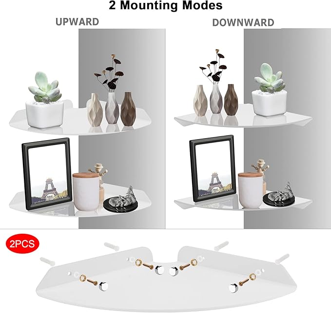 Cosmos 2 Pcs Acrylic Wall Mount Floating Corner Shelves Quarter Round Shower Shelf Hanging Corner Shelves Wall Storage Display Organizer for Bathroom Kitchen Bedroom Living Room (Transparent Clear)-NeatNest