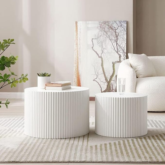 Nesting Coffee Table Set of 2, Modern Wooden Round Coffee Tables for Living Room, Circle Accent End Table Center Table for Small Spaces Bedroom Balcony Office, No Assembly Required, White