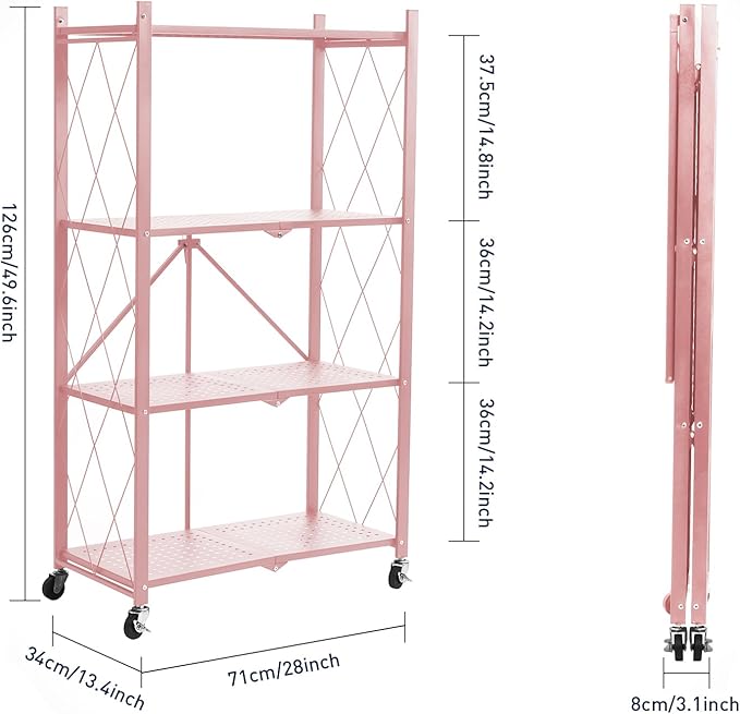 BRIAN & DANY 4-Shelf Foldable Storage Shelves with Wheels, Folding Metal Rack Shelving Unit, Heavy Duty No Assembly Organizer Shelf for Garage, Kitchen, Basement, Pantry, Pink-NeatNest