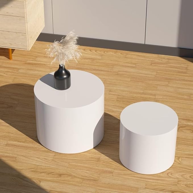 Nesting Coffee Table Set of 2, Round Side Tables Set, Wooden Accent Table, Modern End Tables, Minimalist Circle Table for Small Space Living Room Bedroom, White