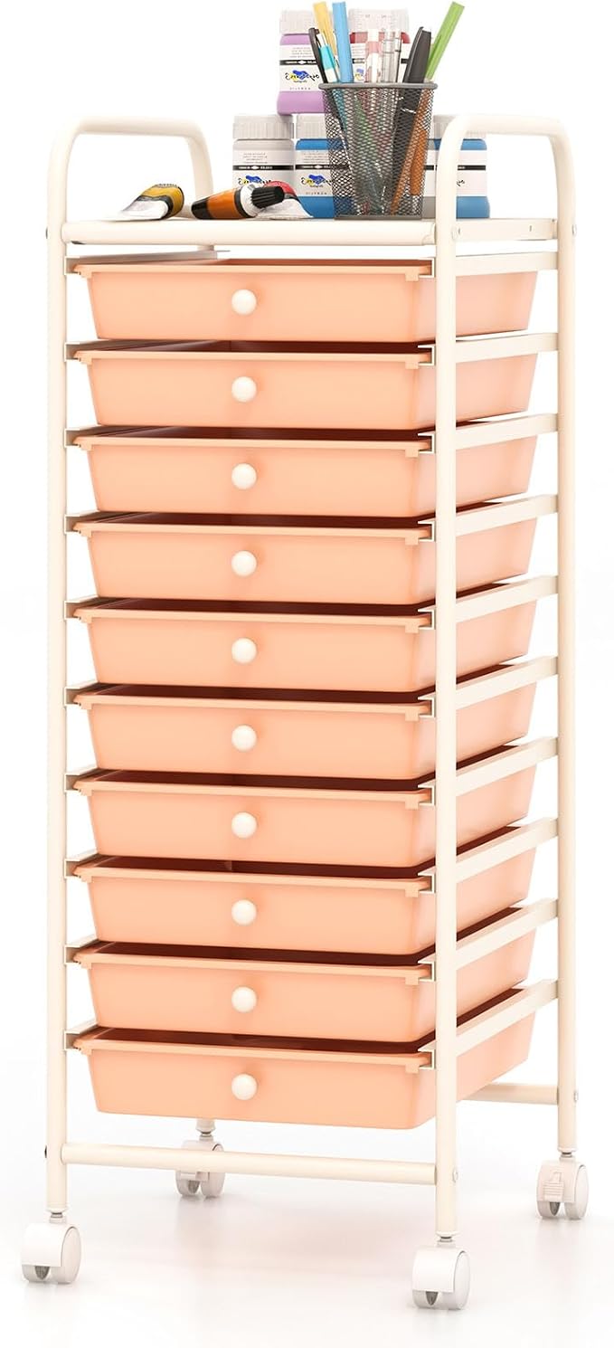 COSTWAY 10-Drawer Rolling Storage Cart, Utility Mobile Trolley with Removable Drawers & Universal Casters & 2 Brakes, Versatile Flexible Drawer Organizer Cart for Home, Office, Peach-NeatNest