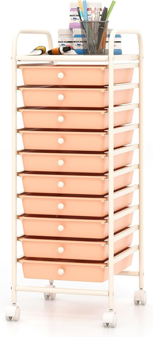 COSTWAY 10-Drawer Rolling Storage Cart, Utility Mobile Trolley with Removable Drawers & Universal Casters & 2 Brakes, Versatile Flexible Drawer Organizer Cart for Home, Office, Peach-NeatNest
