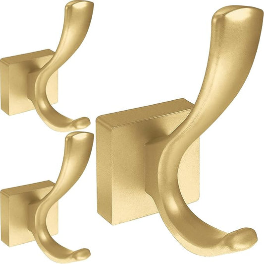 3 Pack Towel Holder for Bathroom Wall Hooks, Bath Towel Rack Shower Towel Holder, Robe Hook Heavy Duty Coat Hooks Entryway Wall Mounted for Hanging Key Robe Hat Backpack (Golden)