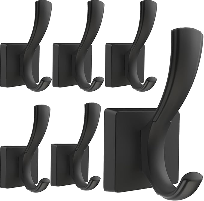 Black Towel Hooks Coat Hooks for Wall, Hand Towel Holder Robe Hook for Bathroom, Entryway Hat Hooks for Hanging Coat Towels Keys Hats (6 Pack)-NeatNest