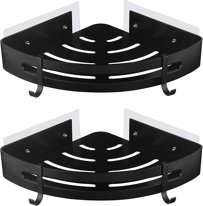 JASTT Corner Bathroom Shelf Black Wall Mounted Corner Shower Caddy Rustproof Basket Storage Bath Shelf Organizer Self Adhesive Sticker Kitchen Corner Shelves No Drill Toilet Aluminum Holder 2 Packs