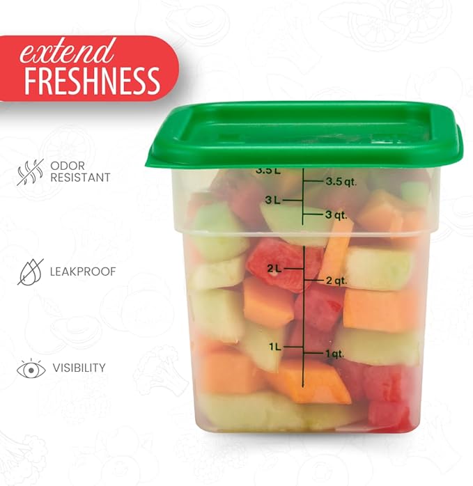 Cambro Food Storage Container with Lid (Microwave Safe and BPA-Free) - 2 Pack - Classic Series Square with Green Lid - 4 QT (Quart) - Commercial Grade for Food Prep (Translucent)-NeatNest