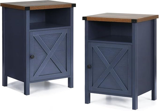 Catrimown Farmhouse Nightstand Set of 2 with Barn Door and Shelf, Side Table, Rustic End Table for Bedroom, Living Room, Navy Blue-NeatNest