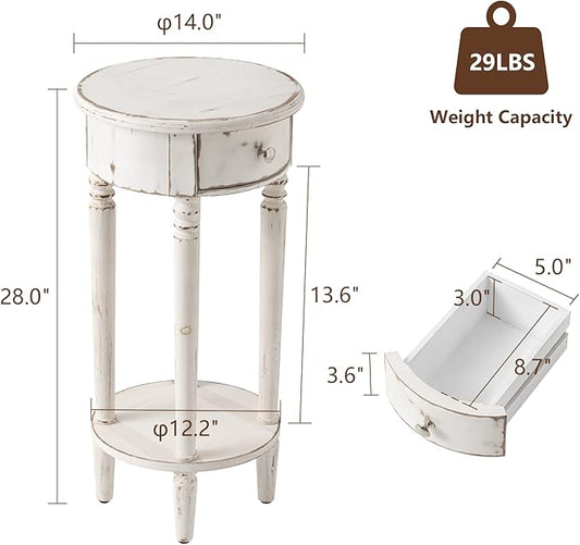 COSIEST Tall End Table with Drawer, Round Nightstand with Storage Shelf, Industrial Telephone End Table for Living Room, Bedroom, Hall Way, Space Saving Beige-NeatNest